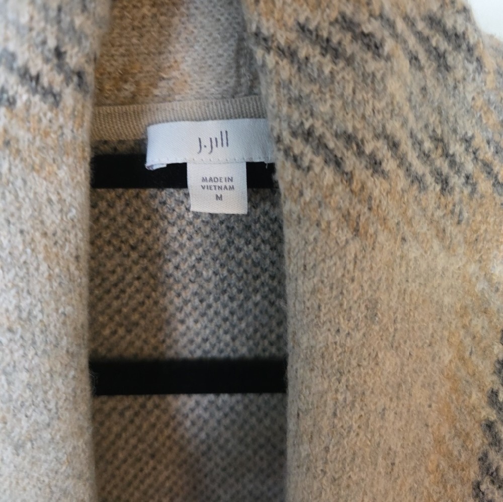 J.Jill Plaid Open Front Sweater Coat Coatigan Beige Gray Size Medium - Picture 2 of 7